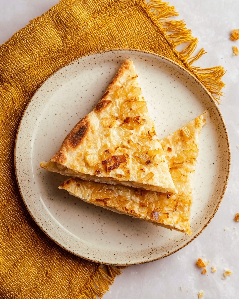 Two triangular slices of a light golden brown flatbread with visible small chunks of cooked onions and a slightly crisp texture on the edges are stacked on a white ceramic plate with a speckled design and a slightly raised rim. The plate rests on a white marbled surface next to a mustard yellow textured cloth with fringed edges. There are small crumbs scattered around the plate. Photo taken with an iphone --ar 4:5 --v 7