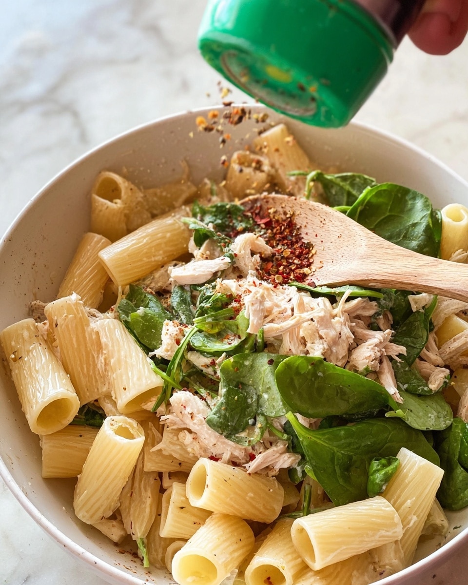 The image shows rigatoni pasta pieces being poured from a blue sieve into a white bowl with a light orange sauce at the bottom. The pasta is pale yellow, smooth, and tubular with ridges, and some are mid-air falling into the bowl. The bowl is sitting on a white marbled surface. Photo taken with an iphone --ar 4:5 --v 7