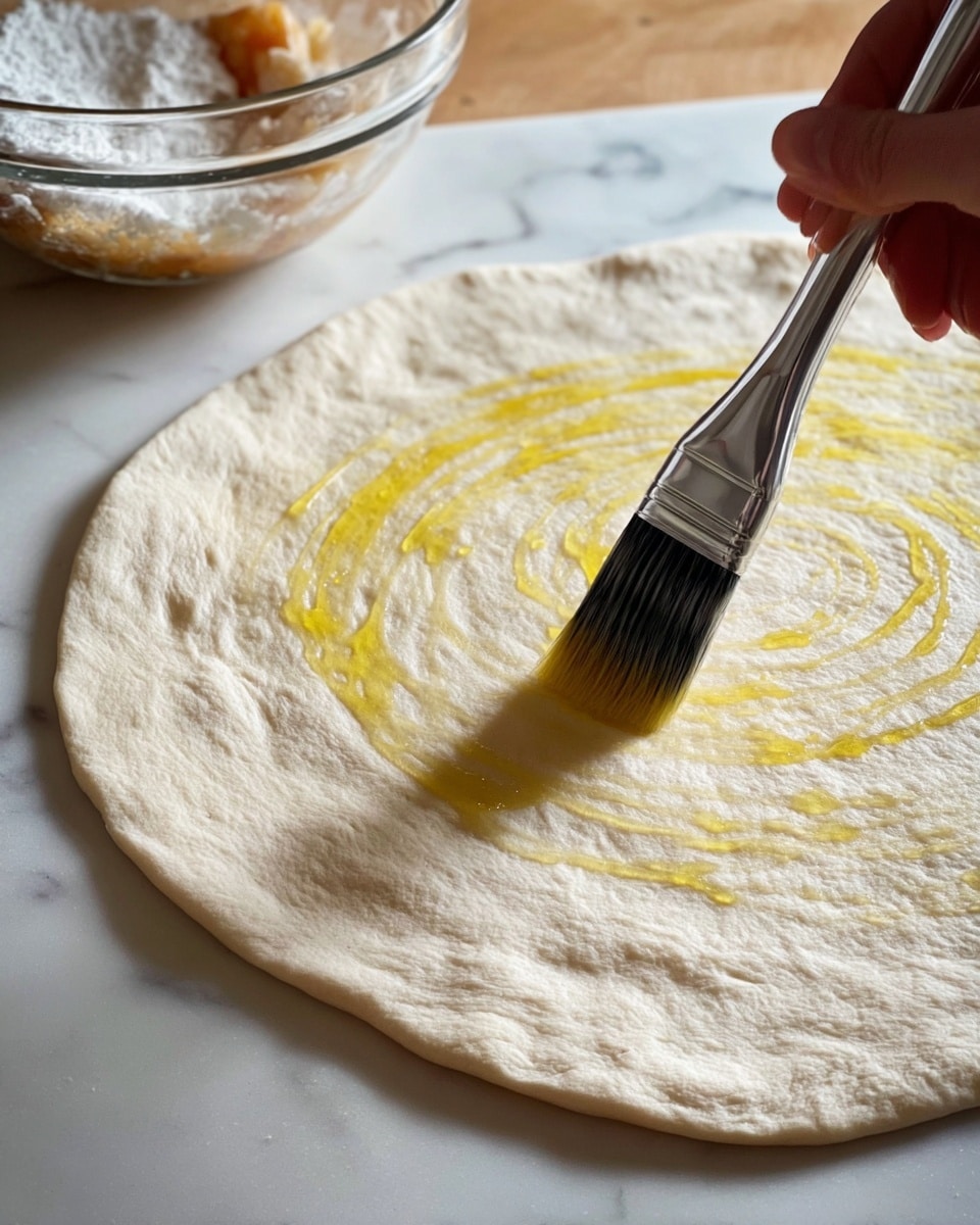 A close-up image shows one thin, round dough layer spread flat on a white marbled surface. A woman's hand is holding a silver brush with black bristles, brushing a swirl of golden-yellow oil evenly over the dough's slightly wrinkled, soft texture. In the background, there is a glass bowl with some thick white and brown ingredients inside. Photo taken with an iphone --ar 4:5 --v 7