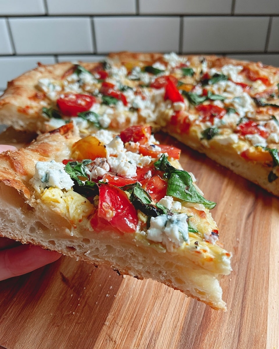 A close-up of a fresh pizza slice being held by a woman's hand over a wooden board. The pizza has three main layers: a thin, light golden crust at the bottom, topped with a mix of bright red tomato pieces and green spinach leaves, scattered with white, crumbly cheese sprinkled evenly on top. The crust shows a soft, airy texture with small bubbles visible. In the background, more pizza slices with similar toppings lie on the wooden board, with a tiled wall behind. photo taken with an iphone --ar 4:5 --v 7