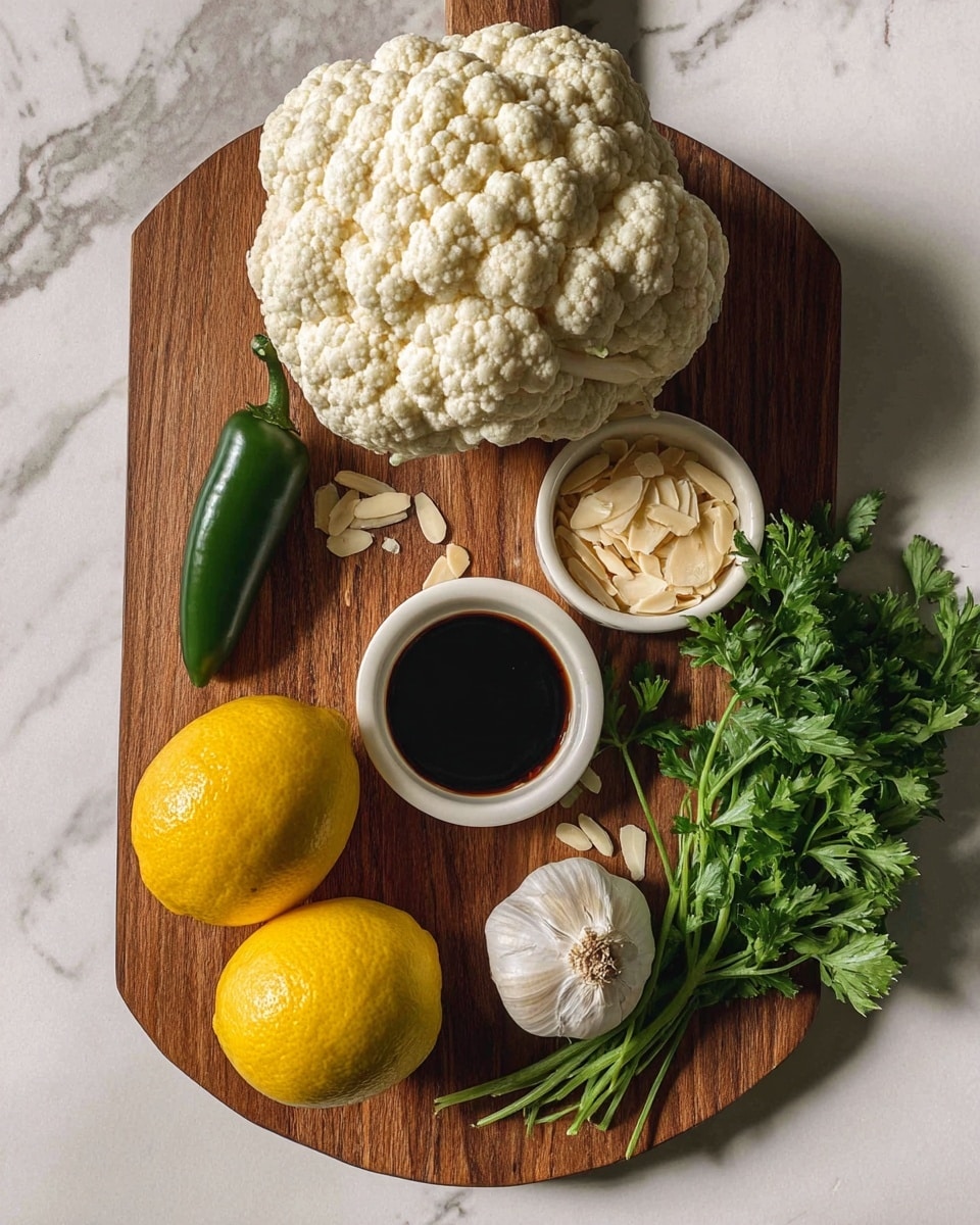The image shows a wooden board placed on a white marbled surface with several fresh ingredients arranged on it. There is a large, textured white cauliflower positioned on the upper left side, a small white bowl filled with slivered almonds near the center, and a smaller white bowl containing a dark liquid, likely soy sauce, next to it. Two bright yellow lemons are placed near the bottom left corner, and a shiny green jalapeño is positioned above them. A whole bulb of garlic with a few separated cloves lies on the bottom right side of the board. On the right edge, there is a bunch of fresh green parsley with curly leaves. The photo taken with an iphone --ar 4:5 --v 7