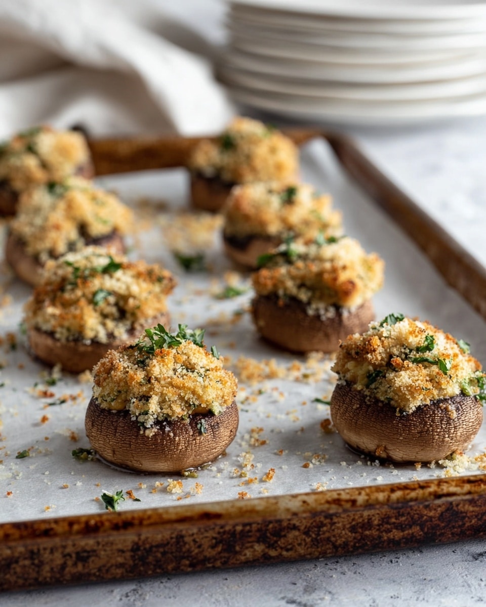 The image shows a group of baked stuffed mushrooms arranged in three rows on a white parchment-lined baking tray. Each mushroom cap is filled with a mixture of light brown breadcrumbs, grated cheese, and green herbs, creating a textured and slightly crispy topping. The mushrooms themselves are medium brown with a smooth surface. The baking tray has a worn, rustic look, and the background has a soft focus, showing a stack of white plates. The overall scene rests on a white marbled texture. photo taken with an iphone --ar 4:5 --v 7