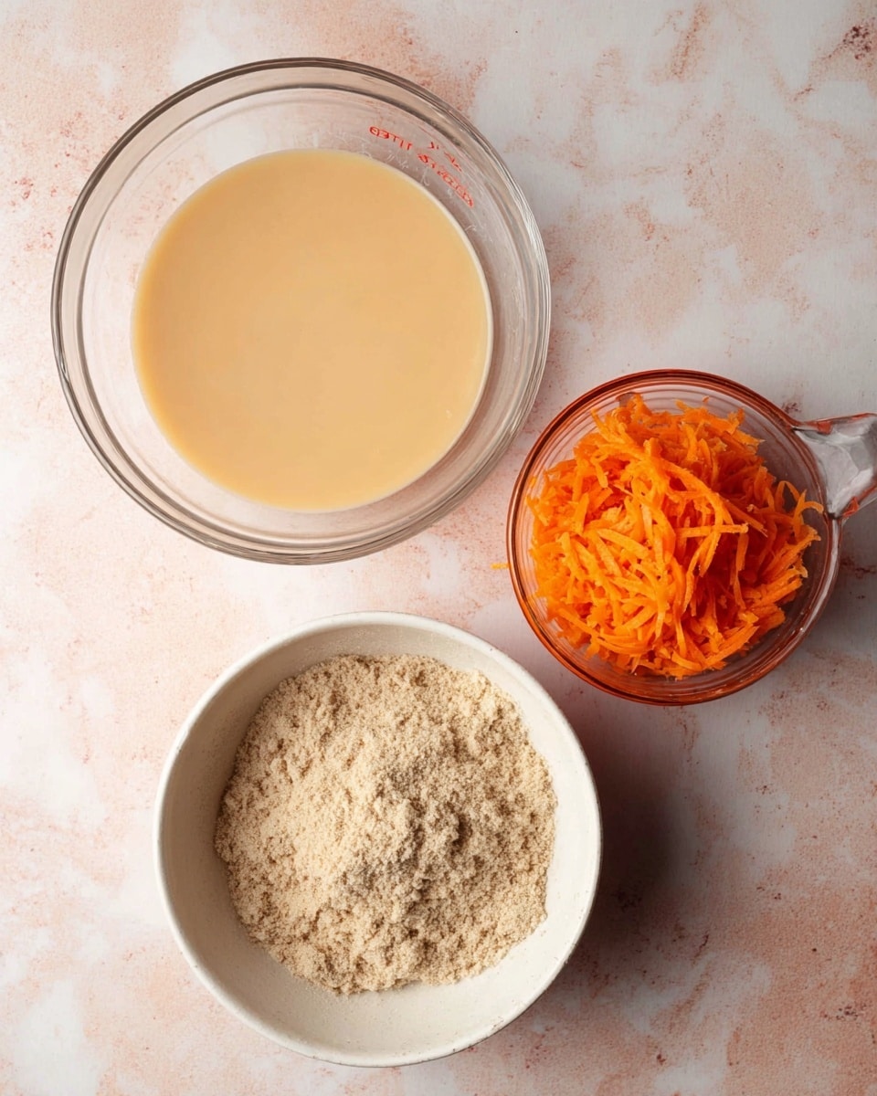 The image shows three clear glass bowls on a white marbled surface. The largest bowl on the left holds a smooth, light beige liquid batter. To the right is a smaller glass measuring cup filled with bright orange shredded carrots. In the front is a white bowl filled with a dry, light brown powdery mixture with a slightly grainy texture. The bowls are arranged in a triangular shape with the batter bowl and carrot cup behind the white bowl. The photo taken with an iphone --ar 4:5 --v 7