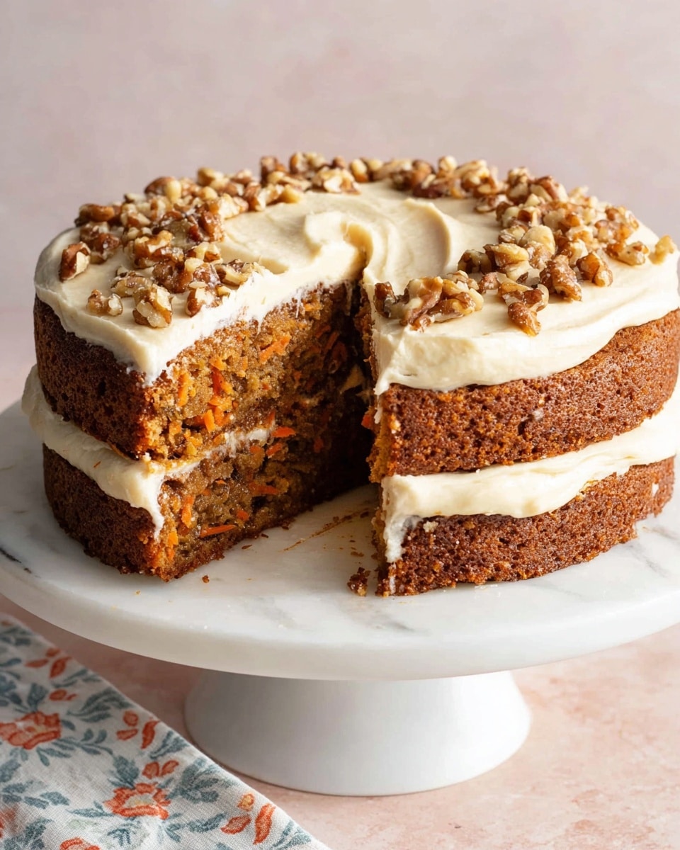 A two-layer carrot cake sits on a white cake stand with a smooth, white marbled surface below. Each layer of the cake is thick, brown with visible bits of orange carrot and small pieces of nuts inside. Between the layers is a generous spread of creamy white frosting. The top layer is fully covered with the same frosting, which looks soft and slightly swirled. The cake edges are rounded and slightly darker brown, showing a moist texture. On top, chopped walnuts are scattered mostly around the edges, adding a textured, golden-brown contrast. A slice is taken out, showing the thick frosting and carrot cake layers clearly. Photo taken with an iphone --ar 4:5 --v 7