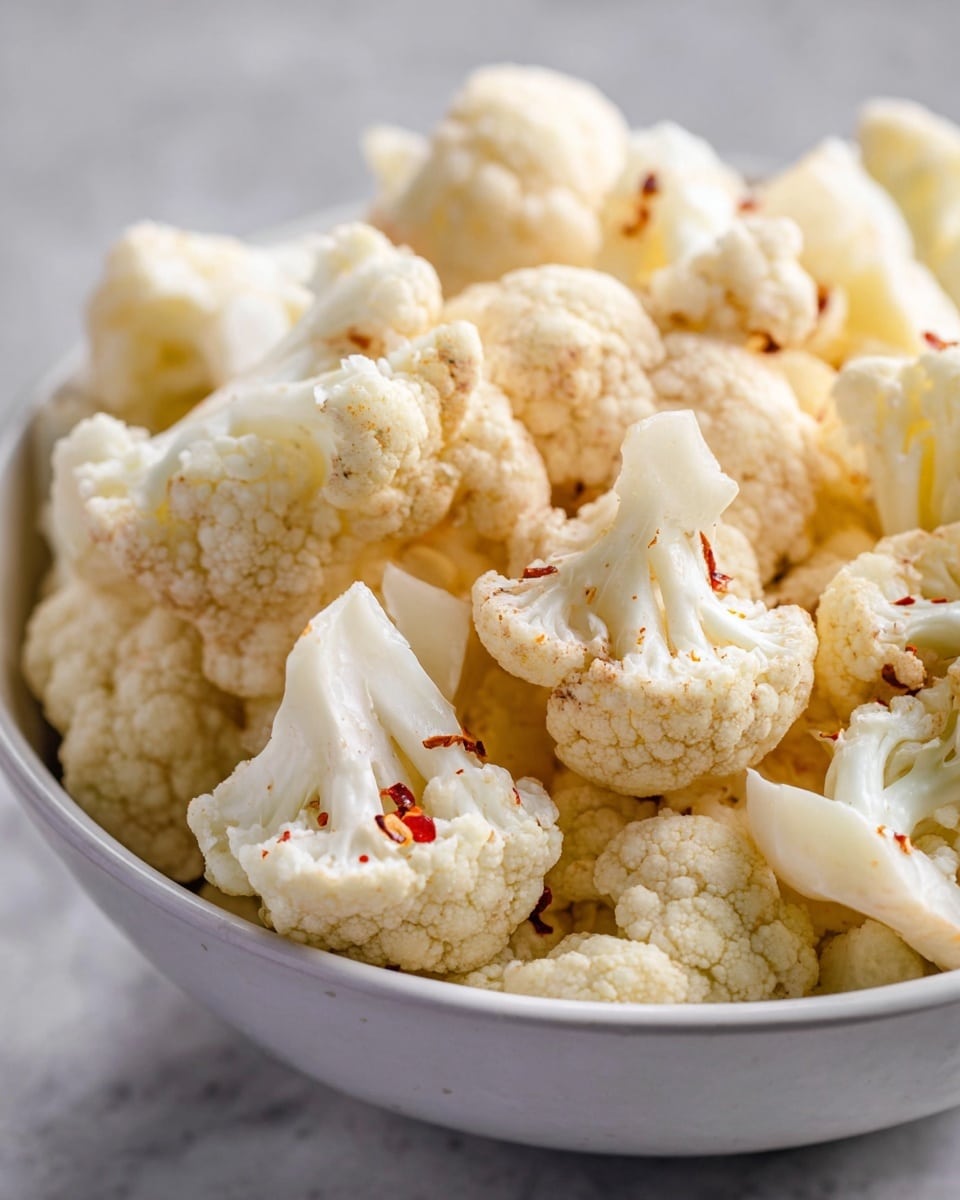 A close-up of a white bowl filled with roughly chopped cauliflower pieces that are off-white with some light yellow hints. The cauliflower is sprinkled with small red seasoning flakes, giving a slightly speckled look. The bowl sits on a white marbled surface, and the lighting highlights the texture of the cauliflower florets and their bumpy, natural shapes. The background is blurred soft gray. photo taken with an iphone --ar 4:5 --v 7
