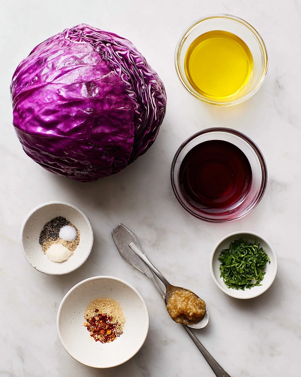 A bright purple whole cabbage sits at the top left on a white marbled surface, with a small glass bowl of bright yellow oil to the right of it. Below the oil, there is a small glass bowl filled with dark red liquid. To the left of that, a white bowl holds a mix of coarse white salt, black pepper, beige garlic powder, and red pepper flakes. Below this bowl, a silver spoon carries a rough textured brown mustard, and next to it on the right is another silver spoon with clear honey. On the far right near the bottom is a small white bowl filled with fresh green chopped herbs. Photo taken with an iphone --ar 4:5 --v 7