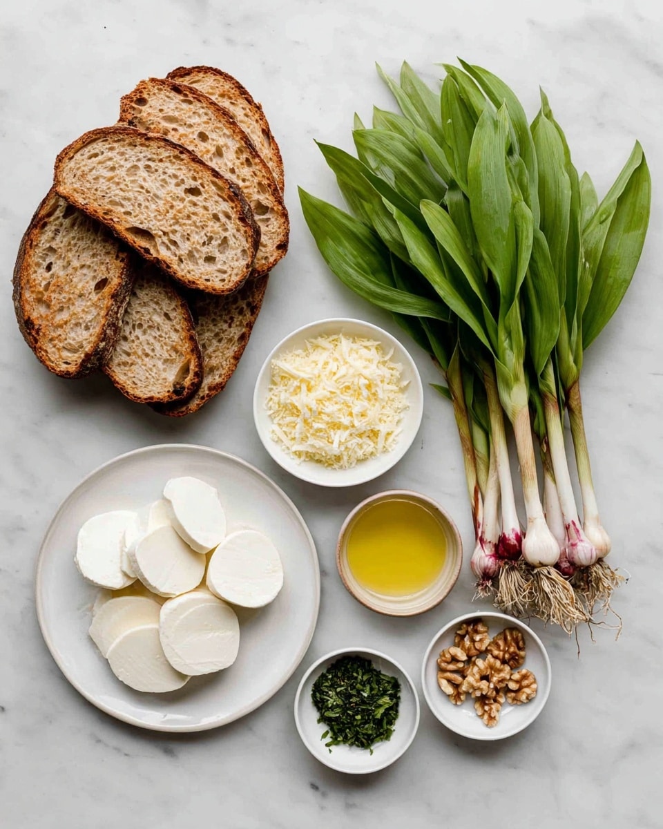 The image shows ingredients on a white marbled surface arranged neatly. There are four slices of toasted brown bread stacked on the left side. Below the bread, a white plate holds neatly arranged white mozzarella slices. To the right, several small white bowls contain finely grated cheese, chopped walnuts, a light yellow liquid, and chopped green herbs. Near the bottom right, a tiny bowl holds salt and pepper. On the far right, a fresh bunch of green leafy wild garlic with white bulbs and brown roots is placed flat. The overall arrangement is clean and organized, with natural colors standing out on the white marbled background. photo taken with an iphone --ar 4:5 --v 7