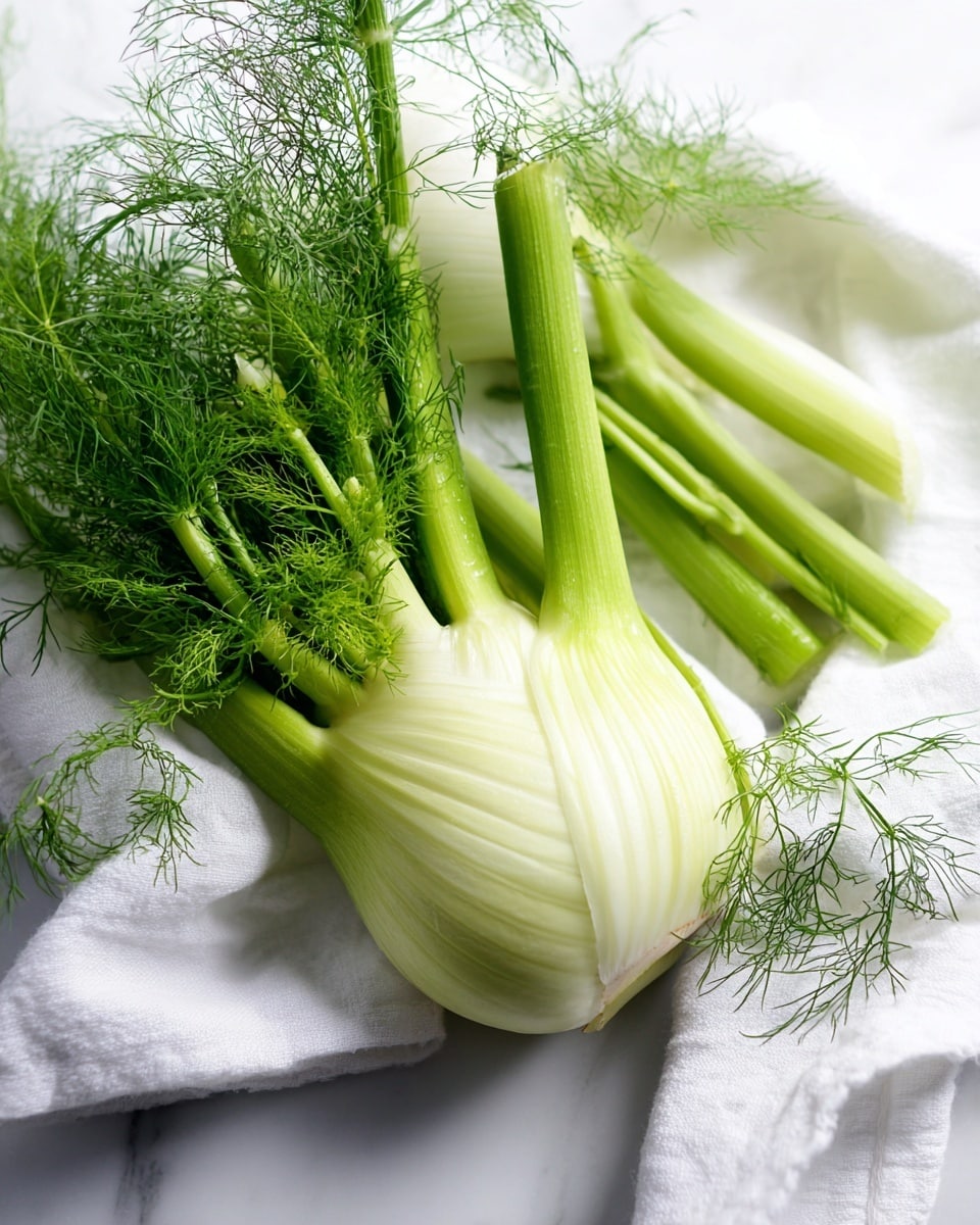 The image shows a fresh fennel bulb with long green stalks and feathery green leaves spread out around it. The fennel bulb is pale green and white with smooth, layered texture, while the stalks are crisp and solid. The feathery leaves are thin and delicate, creating a soft green contrast. The fennel rests on a white cloth, all placed on a white marbled surface, giving a clean and fresh look. Photo taken with an iphone --ar 4:5 --v 7