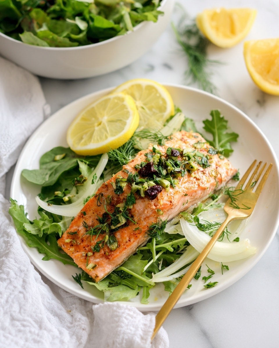 The dish shows a white plate with a cooked salmon fillet placed slightly to the right, covered with small bright green herb leaves and bits of dark purple seasoning. On top of the salmon is a small sprig of a delicate green herb. To the left of the salmon is a thin, round slice of lemon with pale yellow and light green tones. Behind the salmon and lemon is a heap of fresh green leafy salad with a slight shine, hinting at a light dressing. A golden fork is partly seen at the top right corner of the plate. The plate rests on a white marbled surface. Photo taken with an iphone --ar 4:5 --v 7