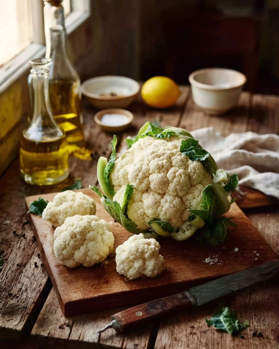 The image shows a baking tray lined with white parchment paper holding multiple golden-brown roasted cauliflower steaks and florets, sprinkled with sesame seeds and finely chopped green herbs. The cauliflower has a slightly crispy texture with charred edges, and a creamy white sauce is drizzled over the top, pooling slightly in some areas. On the top right of the tray, there is a white bowl filled with more of the creamy sauce, with a spoon resting inside. The tray is placed on a white marbled surface with a rustic wooden edge partially visible. Photo taken with an iphone --ar 4:5 --v 7