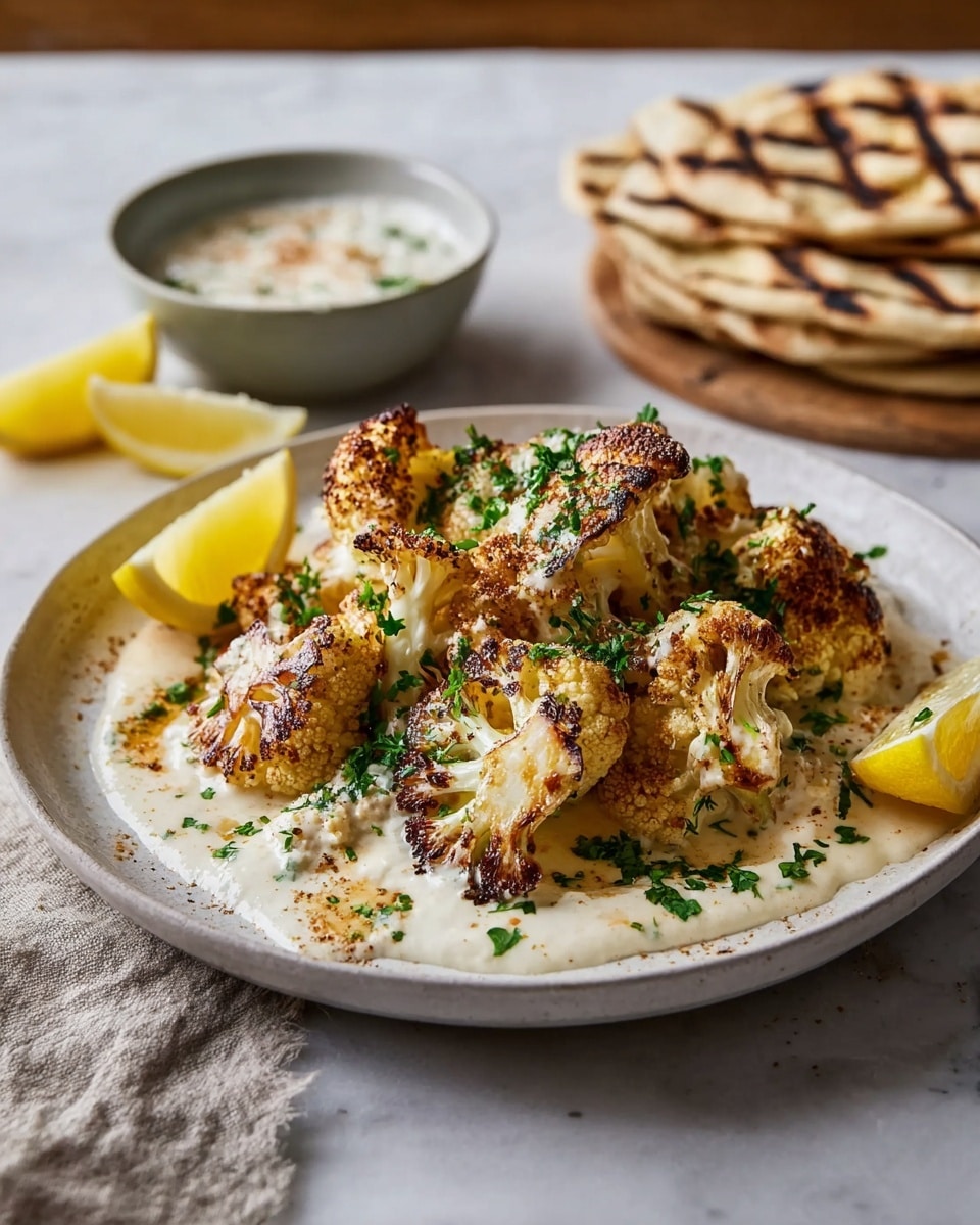 A white plate is filled with several pieces of roasted cauliflower that have browned edges and a light golden color, sitting on a smooth, creamy sauce covering the bottom of the plate. The cauliflower is sprinkled with finely chopped green herbs. Two lemon wedges rest on the side of the plate. In the background, there is a small bowl with a creamy white sauce and grilled flatbread pieces with dark grill marks are stacked beside the plate on a white marbled surface. The photo is taken with an iphone --ar 4:5 --v 7