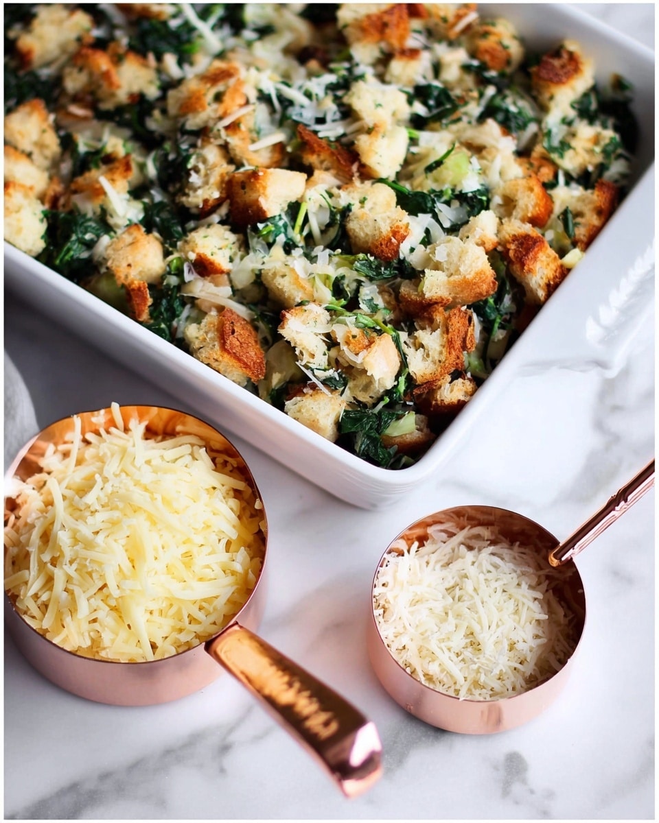 The image shows a white rectangular dish filled with a mix of small, toasted bread cubes, light green cooked spinach, and translucent cooked onions. In front of the dish, there are two rose gold measuring cups filled with shredded cheese, the larger one filled to the top with pale yellow shredded cheese and the smaller one with a small amount of white cheese. The setting is on a white marbled surface that makes the colors of the ingredients stand out clearly. photo taken with an iphone --ar 4:5 --v 7