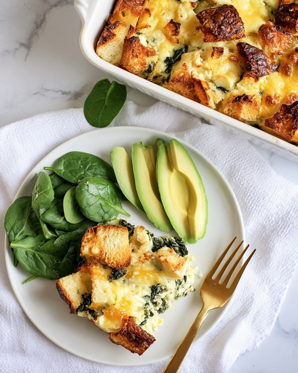 The image shows a white plate with a slice of baked casserole made of layers of golden toasted bread pieces on top, creamy yellow egg mixture with some dark green leafy spinach inside, and light brown baked edges. Next to the casserole slice are fresh, bright green baby spinach leaves and 4 slices of smooth, light green avocado arranged in a fan shape. A gold fork is placed on the plate near the food. Above the plate is a white casserole dish filled with the same baked casserole, showing a similar texture and color with browned bread pieces and cooked egg and spinach layers. The background is a white marbled surface and there is a white cloth napkin under the plate. photo taken with an iphone --ar 4:5 --v 7