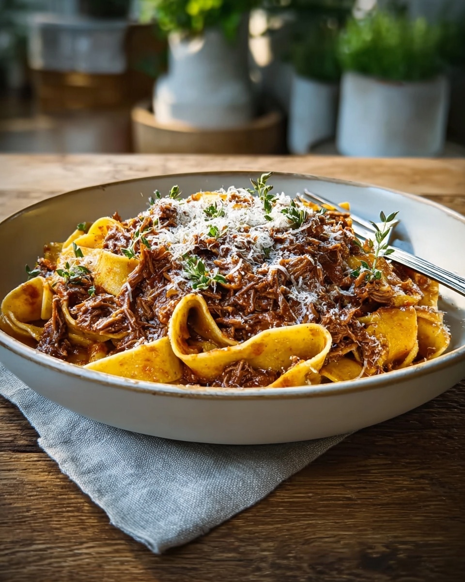 A deep white bowl filled with wide, flat yellow pasta noodles layered with a rich, brown shredded meat sauce. The meat is tender and mixed well with the sauce, covering the pasta almost fully. On top, there is a sprinkle of finely grated white cheese and small green herb leaves scattered for garnish. A silver fork rests inside the bowl on the right side, and the bowl is placed on a wooden surface with a light grey cloth napkin nearby. In the background, some blurred green plants and containers are visible. Photo taken with an iphone --ar 4:5 --v 7