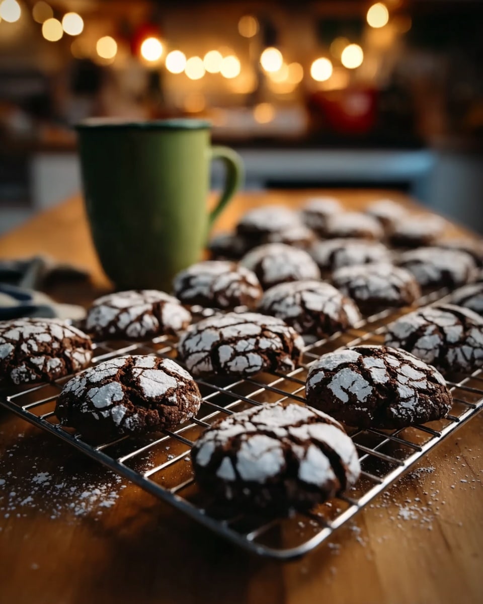 A close-up view of several chocolate cracked cookies cooling on a black wire rack, each cookie covered with a dusting of powdered sugar that highlights the cracks on their dark brown surface; the cookies have a soft, slightly cracked texture, and the background features a white marbled surface scattered with a bit of powdered sugar and blurry warm-toned lights, creating a cozy atmosphere. Photo taken with an iphone --ar 4:5 --v 7