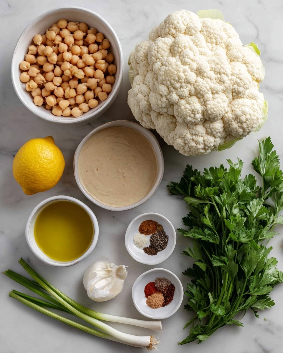 This image shows raw ingredients for a recipe arranged neatly on a white marbled surface. In the center is a large head of cauliflower, white and bumpy. To its left, a white bowl filled with round, light brown chickpeas and below it, a bright yellow lemon. Above the lemon, a white bowl filled with light brown tahini sauce, smooth and creamy. Top center holds a white bowl with various spices in small piles of browns, reds, white, and black. To the right of the cauliflower, a single white garlic clove sits near three green spring onions. Below them is a small white cup of golden olive oil. Bottom right corner has a bunch of green parsley and cilantro with leafy textures. The scene is bright with natural light. Photo taken with an iphone --ar 4:5 --v 7