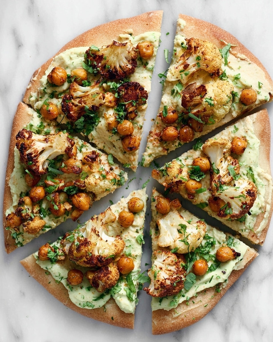 A white plate filled with golden-brown roasted cauliflower slices layered evenly on top of roasted brown chickpeas. The cauliflower has a slightly charred texture with crispy edges, and the chickpeas are round and glossy, scattered beneath and around the cauliflower. A creamy green sauce is drizzled over the top in uneven lines, adding a fresh color contrast. Small pieces of chopped green herbs are sprinkled throughout, enhancing the look with vibrant green spots. The scene is placed on a white marbled surface. photo taken with an iphone --ar 4:5 --v 7