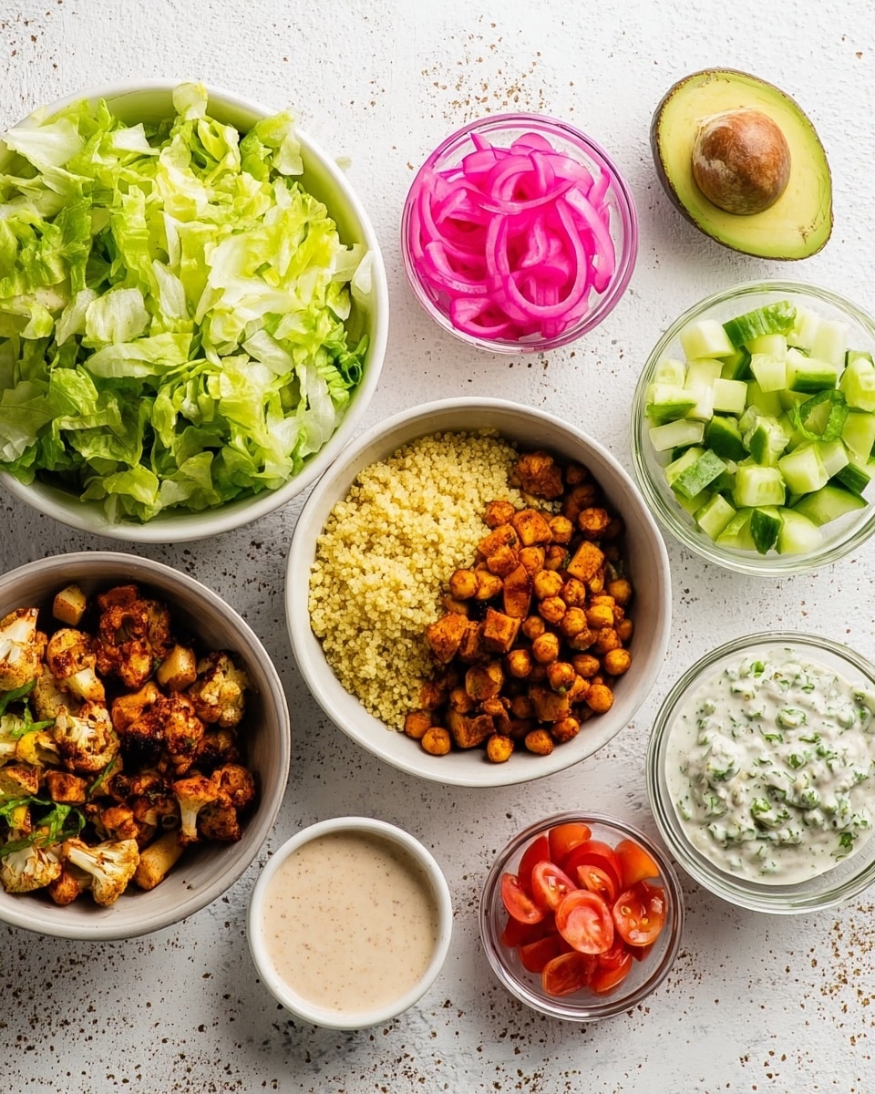A top-down view of several white bowls and small glass containers arranged on a white marbled surface. The largest bowl is filled with fresh chopped green lettuce leaves. Next to it is a bowl of fluffy yellow quinoa. Another bowl contains roasted cauliflower pieces mixed with chickpeas and small browned cubes. There is a glass container of bright pink pickled onions, and another glass container filled with diced green cucumber. A small glass container holds diced red tomatoes. A half avocado with its stone is placed in a white bowl nearby. Two small white bowls hold creamy sauces, one with a speckled beige sauce and the other with a white sauce mixed with green herbs. photo taken with an iphone --ar 4:5 --v 7