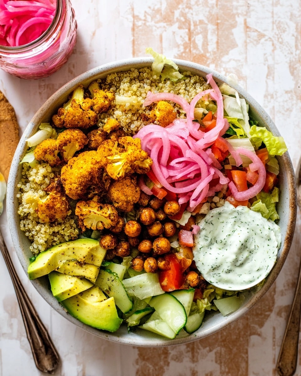 A round white bowl filled with layers of fresh green chopped lettuce at the bottom, topped with light yellow quinoa in the center. Above the quinoa, there are golden roasted cauliflower pieces and browned cubed tofu scattered across, with roasted chickpeas adding a crunchy texture. On one side, chunky bright green cucumber cubes are piled, next to sliced avocado arranged in a fan shape. On the opposite side, there are finely chopped red tomatoes and thin rings of bright pink pickled onions. Creamy white sauce is drizzled generously over the roasted vegetables and tofu, with a dollop of white yogurt sauce in the middle. The bowl sits on a white marbled surface, accompanied by a jar of pickled pink onions and a spoon placed inside the bowl, photo taken with an iphone --ar 4:5 --v 7