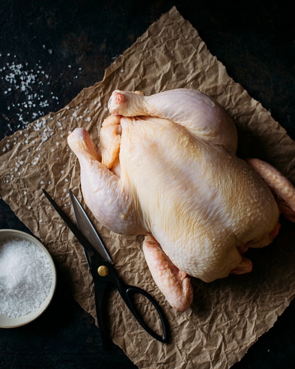 A roasted whole chicken with deep golden brown, crispy skin sits on a black cooking rack inside a silver roasting pan. Under the rack, there are chopped carrots, red potatoes, and onions with green carrot tops scattered around. The pan rests on a dark surface with some scattered salt, and a long kitchen knife and a meat fork lay beside it. The scene is lit to show the textured, seasoned skin of the chicken and the moist colors of the cooked vegetables. photo taken with an iphone --ar 4:5 --v 7