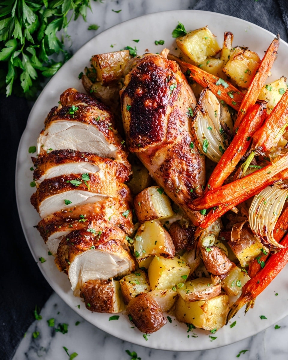 A white plate is filled with a serving of sliced roasted chicken with crispy brown skin, showing juicy white meat inside. Next to the chicken are pieces of roasted potato, some cut into chunks, with a golden-brown color. There are also cooked carrot sticks with a bright orange tone and other roasted vegetables like onion slices, all sprinkled with chopped green herbs. The plate sits on a white marbled surface with some green herbs scattered around. photo taken with an iphone --ar 4:5 --v 7