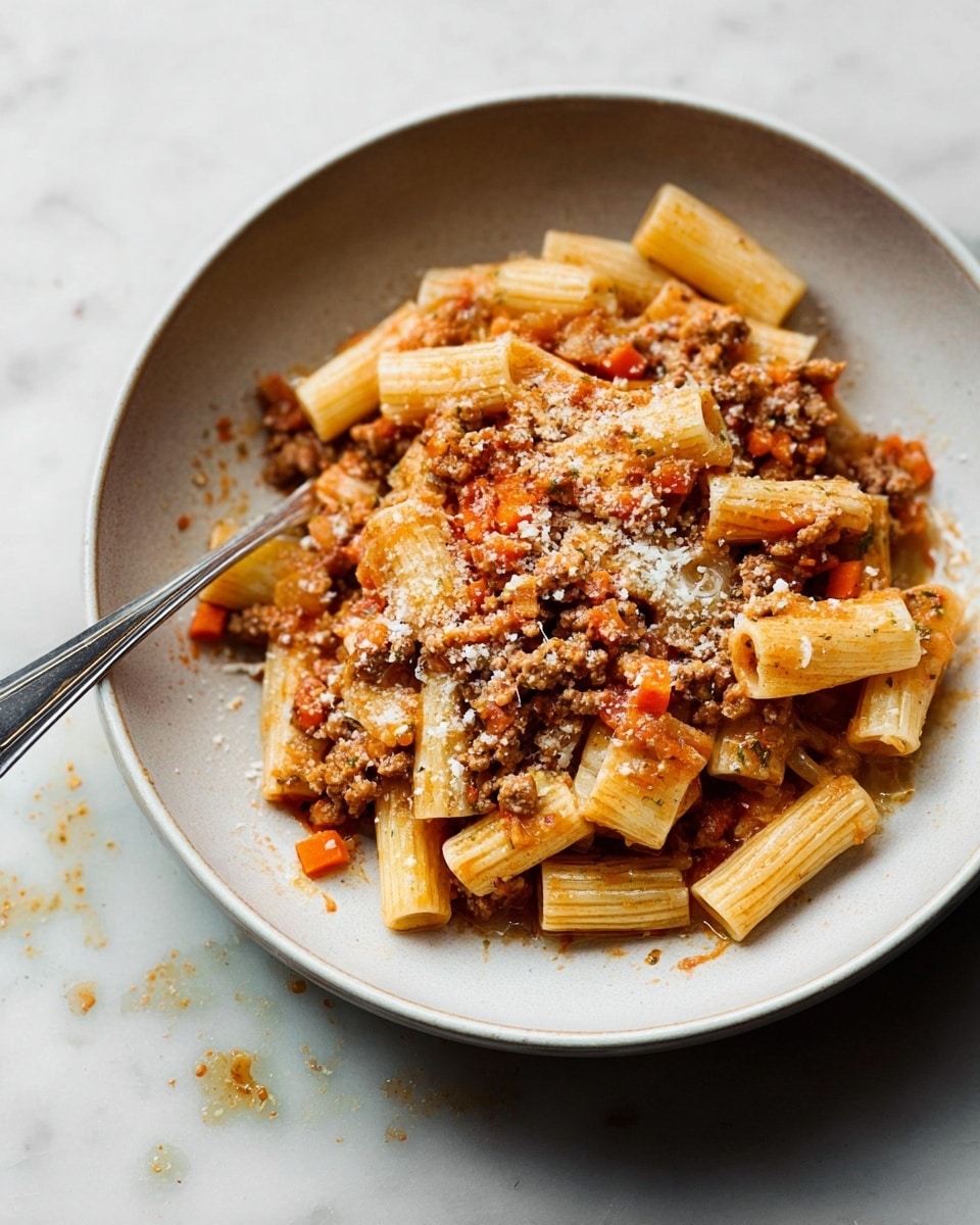 The image shows a close-up of rigatoni pasta on a white plate, coated in a chunky red tomato sauce with ground meat mixed in. The sauce is spread evenly across the pasta, with a few small pieces of orange carrot visible. On top, there is a generous layer of grated white cheese scattered over the pasta and sauce. The ridged texture of the rigatoni pasta is clear, and the dish looks rich and hearty. The plate is set against a white marbled surface. Photo taken with an iphone --ar 4:5 --v 7