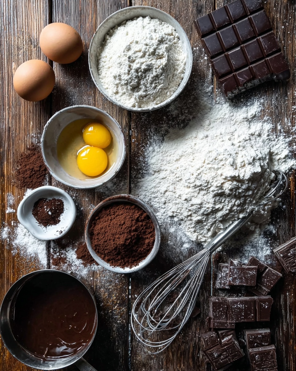A wooden table with a white marbled texture dusted with flour holds various baking ingredients and tools. There is a white bowl filled with flour at the bottom right, topped closely by a metal whisk having reflective silver texture. To the left side are two whole brown eggs resting on the wood surface. At the center left is a small white bowl with dark brown cocoa powder and above it is a slightly larger white bowl containing a cracked egg with bright yellow yolk visible. Next to it is another white bowl filled with white flour. In the top right corner, a dark chocolate bar rests partly broken, showing glossy squares. Below the cracked egg bowl is a small white dish with a fine dark brown powder. A small metal saucepan filled with dark melted chocolate sits at the left above the eggs. Some chunks of dark chocolate pieces scatter around the table edges. photo taken with an iphone --ar 4:5 --v 7