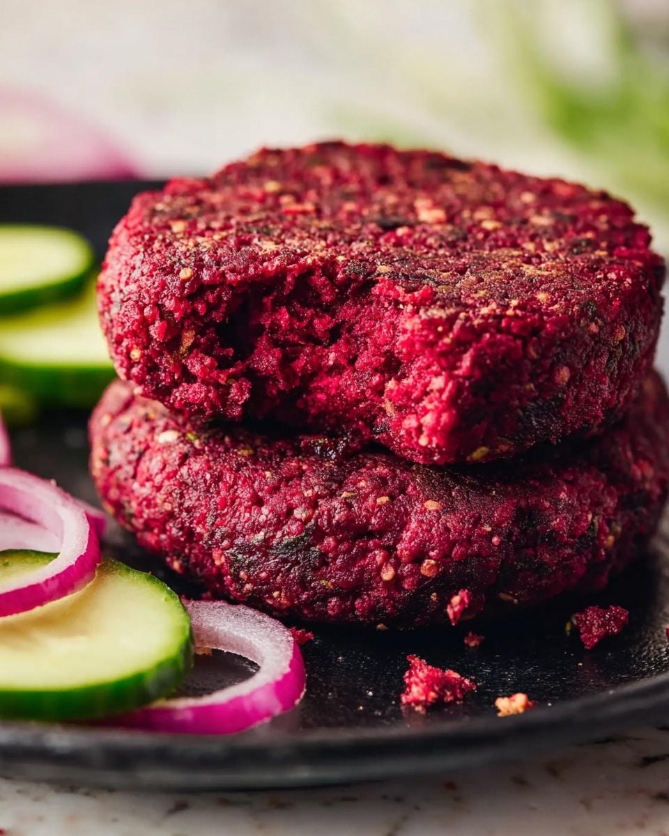 Two thick, round, deep red beet patties stacked on top of each other on a black pan, with one patty showing a small bite taken from its edge, revealing a crumbly texture inside. Around the pan, there are blurred slices of cucumber and rings of red onion, all set on a white marbled surface. The patties have a rough, coarse texture with visible small chunks. photo taken with an iphone --ar 4:5 --v 7