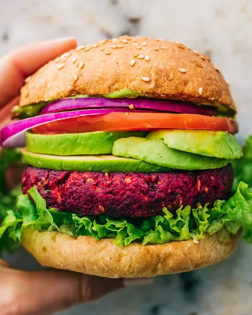 A close-up view of a burger held by a woman's hand, showing a white sesame seed bun on top and bottom. At the base, there is a fresh green lettuce leaf with ruffled edges. Above the lettuce, there is a thick, deep red beet patty with a rough texture. On top of the patty, there are bright green slices of avocado lined up in a row. Above the avocado, there are two slices of red tomato and a few rings of purple onion. The background shows a white marbled surface. Photo taken with an iphone --ar 4:5 --v 7