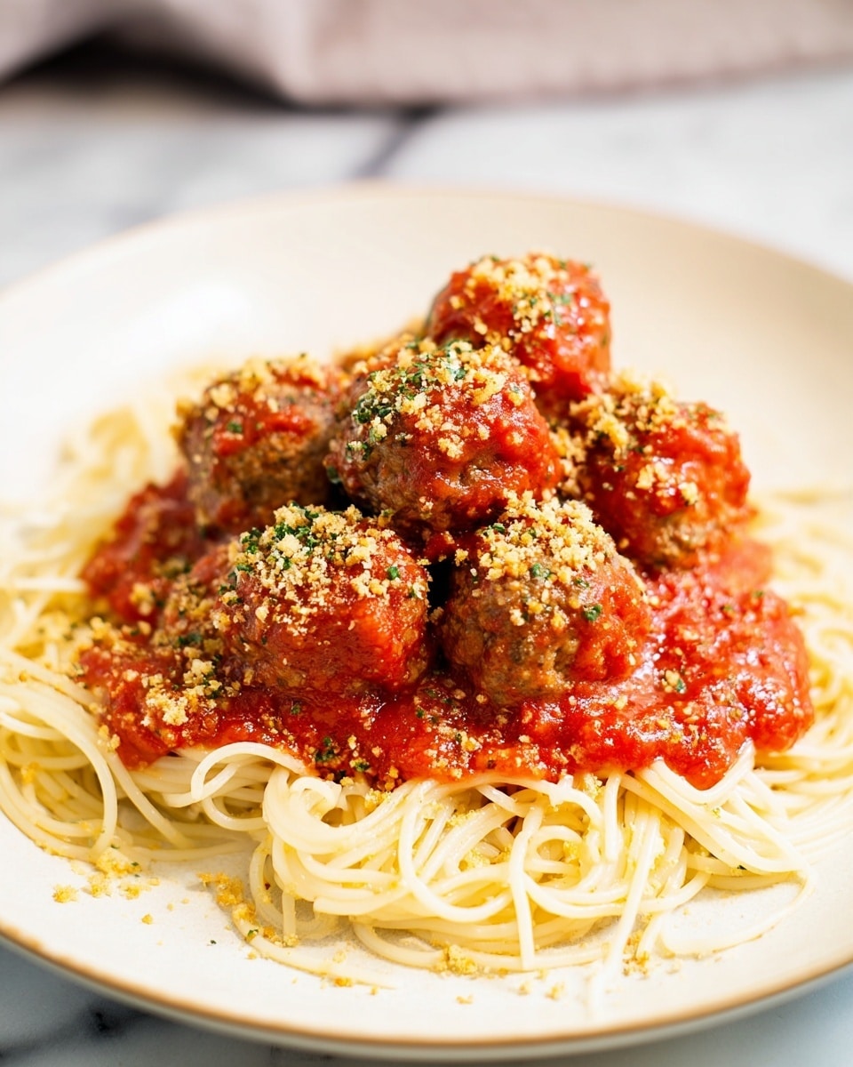 The dish shows a white plate with a base layer of thin cooked spaghetti noodles that are a pale yellow color and arranged in a loose pile. On top of the noodles are seven round meatballs that are covered in a bright red tomato sauce. The sauce looks smooth and slightly shiny. The meatballs are sprinkled with a golden brown crumb topping mixed with small green herb bits that add texture and color contrast. The plate sits on a white marbled surface with a soft, out-of-focus backdrop. Photo taken with an iphone --ar 4:5 --v 7