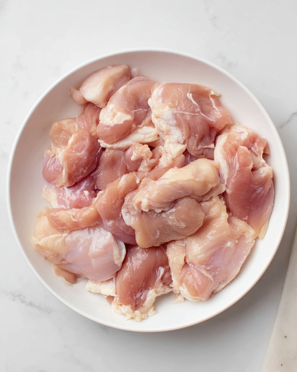 In a white round shallow bowl, there is a single layer of raw chicken pieces spread out evenly. The chicken pieces vary in size and shape, showing different shades of soft pink, light brown, and pale cream fat patches. The texture is smooth and slightly shiny with some areas showing thin white veins of fat and cartilage. The bowl sits on a white marbled surface that adds a clean and simple background to the image photo taken with an iphone --ar 4:5 --v 7