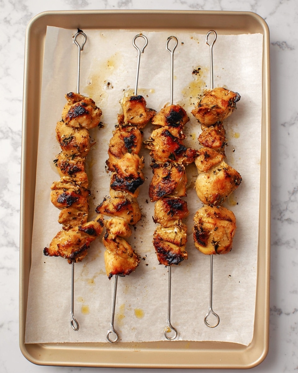 Three metal skewers each hold four to five pieces of grilled chicken, arranged in a row on a large white square plate. The chicken pieces are golden brown with some darker grilled spots, showing a slightly crispy texture. On the plate, three lemon slices are placed decoratively along the left and right edges of the skewers. The plate sits on a white marbled surface, with a blue and white cloth partially visible at the plate’s lower left corner. Photo taken with an iphone --ar 4:5 --v 7