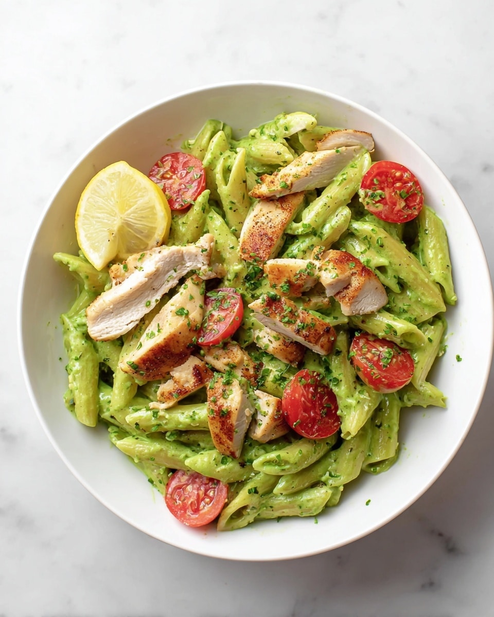A white bowl filled with green creamy pasta as the base layer, made of penne coated in a thick green sauce; scattered over the pasta are slices of grilled chicken with a light brown outer edge and white inside, and halves of bright red cherry tomatoes. A small yellow lemon wedge rests on the rim of the bowl, and small green herb pieces are sprinkled across the dish. The bowl sits on a white marbled surface. photo taken with an iphone --ar 4:5 --v 7