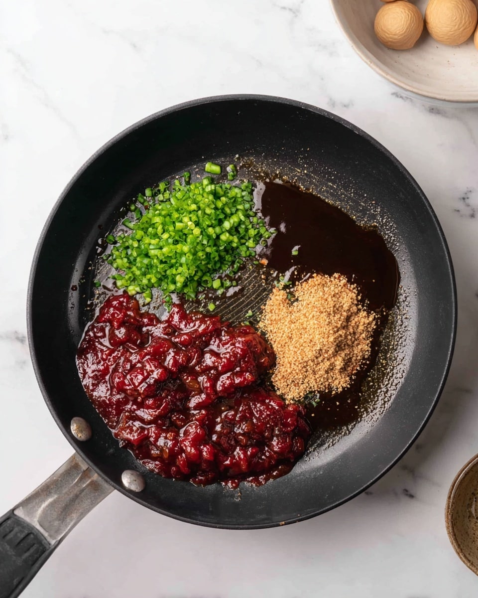 A black cooking pan holds 15 round meatballs evenly spread in a thick, rich dark red sauce filling the bottom of the pan. Sprinkled around and on top of the meatballs are small chopped green onion pieces adding a fresh green contrast. The pan is on a white marbled surface, with a gray cloth draped on the left edge and a wooden spoon handle visible on the right side. Photo taken with an iphone --ar 4:5 --v 7