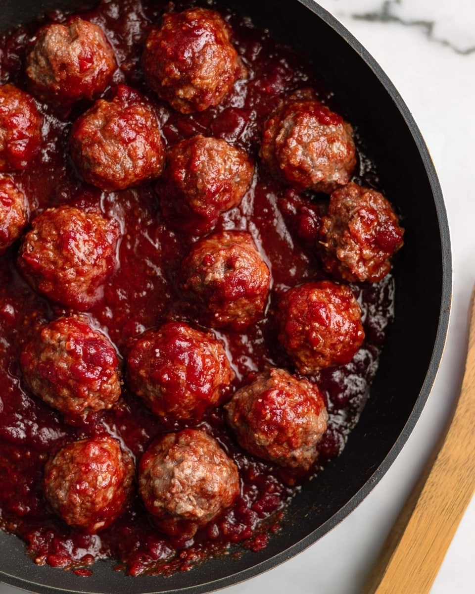 The image shows a close-up of a black pan filled with round meatballs covered in a thick, red sauce. The sauce has a chunky texture with visible bits of fruit or vegetables, and it partially coats each meatball, giving them a shiny, moist appearance. The meatballs are arranged in a loose cluster, with some sauce pooling at the bottom of the pan. The background is a white marbled surface, and a wooden utensil handle is partly visible on the right side. Photo taken with an iphone --ar 4:5 --v 7