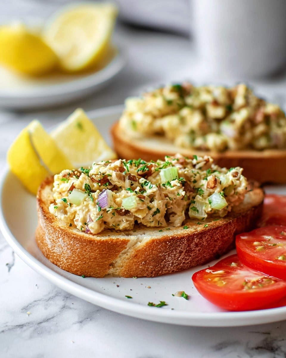 A bowl filled with a creamy chickpea salad that has visible layers of pale orange chickpeas mixed with small pieces of light green celery and purple-red onion bits, all coated in a white creamy dressing. The salad is topped with freshly ground black pepper and sprinkled with fresh green dill. On the side of the bowl are two bright yellow lemon wedges. A silver spoon is placed inside the bowl. The bowl is placed on a white marbled surface with a striped cloth nearby. Photo taken with an iphone --ar 4:5 --v 7