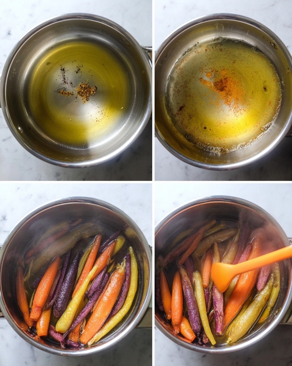 The image shows four close-up views of a stainless steel pot with different cooking stages inside. The top left part shows a small pool of yellow oil with spices on the pot's smooth silver surface. The top right is a cleaner pot with a light yellow oily residue evenly spread. The bottom left shows a layer of colorful carrots in shades of orange, purple, yellow, and green, arranged with some steam rising around them. The bottom right part has the same carrots slightly moved and coated in a light oily sauce, with a woman's hand holding an orange utensil stirring them on the silver pot surface. The whole setup is on a white marbled texture. photo taken with an iphone --ar 4:5 --v 7