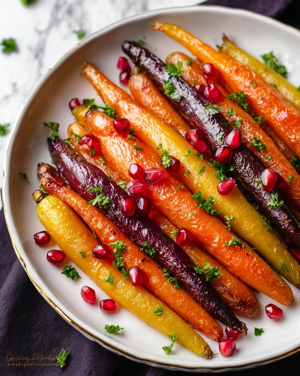 A white bowl holds two layers of glazed roasted carrots in different colors: orange, purple, yellow, and pale orange. The carrots are shiny with a slightly sticky texture and are arranged close together from the bottom to the top of the bowl. Small green parsley leaves are sprinkled evenly over the carrots, adding a fresh touch. Bright red pomegranate seeds are scattered across the top, creating contrast with the carrots. The bowl sits on a white marbled surface with a dark cloth partially visible beneath it. photo taken with an iphone --ar 4:5 --v 7