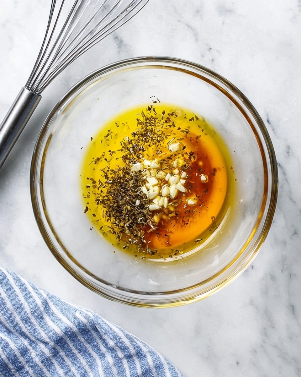 A clear glass bowl holds a mix of golden yellow oil and dark amber vinegar at the bottom, topped with small chopped white garlic pieces and a sprinkle of black and greenish dried herbs scattered unevenly on one side. The bowl is placed on a white marbled surface with faint grey veins, next to a silver metal whisk lying on the surface, and a blue and white striped cloth partially visible at the bottom right corner. The overall look is clean and fresh, showing the ingredients ready for mixing photo taken with an iphone --ar 4:5 --v 7