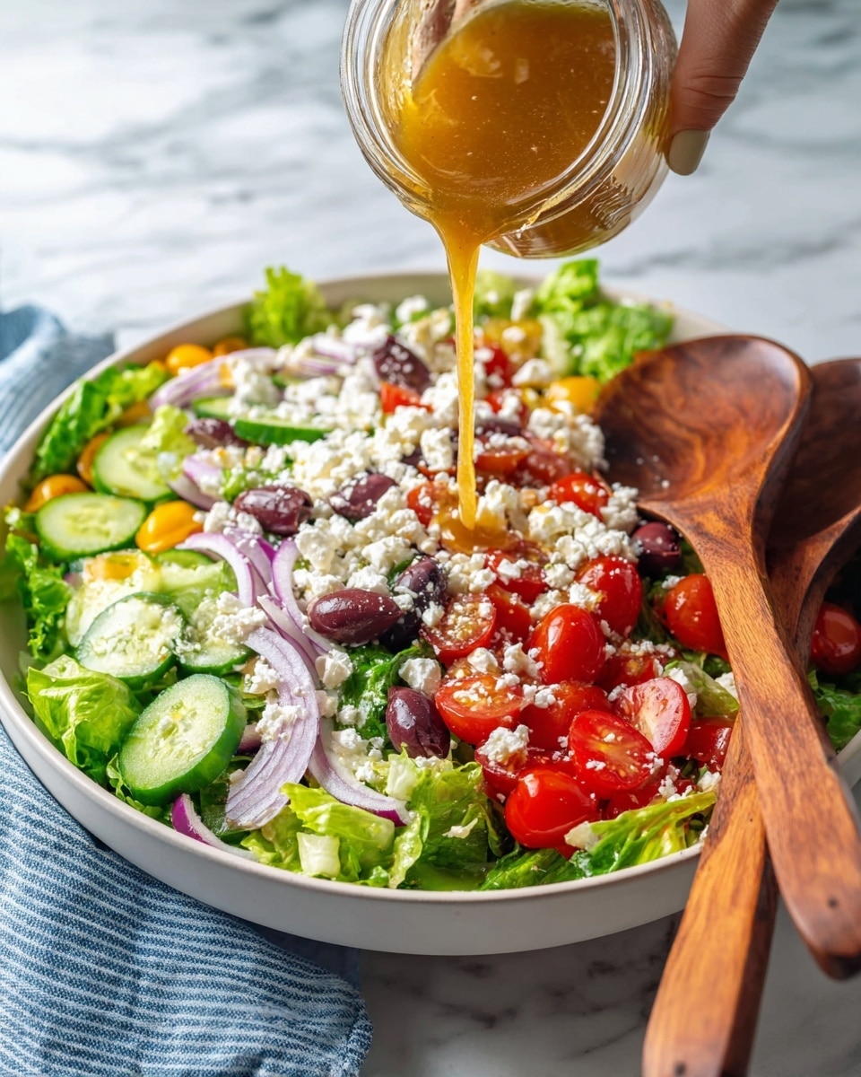 A clear glass jar filled halfway with a creamy, light brown dressing that has visible specks of black pepper and herbs. A silver spoon is held above the jar by a woman's hand, dripping the dressing back into the jar. The jar sits on a medium brown wooden board on a white marbled surface. There are fresh green and purple lettuce leaves near the front of the board. In the background, slightly out of focus, is a white bowl filled with a colorful salad including red cherry tomatoes, purple olives, and leafy greens, along with a red onion and a cluster of red cherry tomatoes on the vine. photo taken with an iphone --ar 4:5 --v 7
