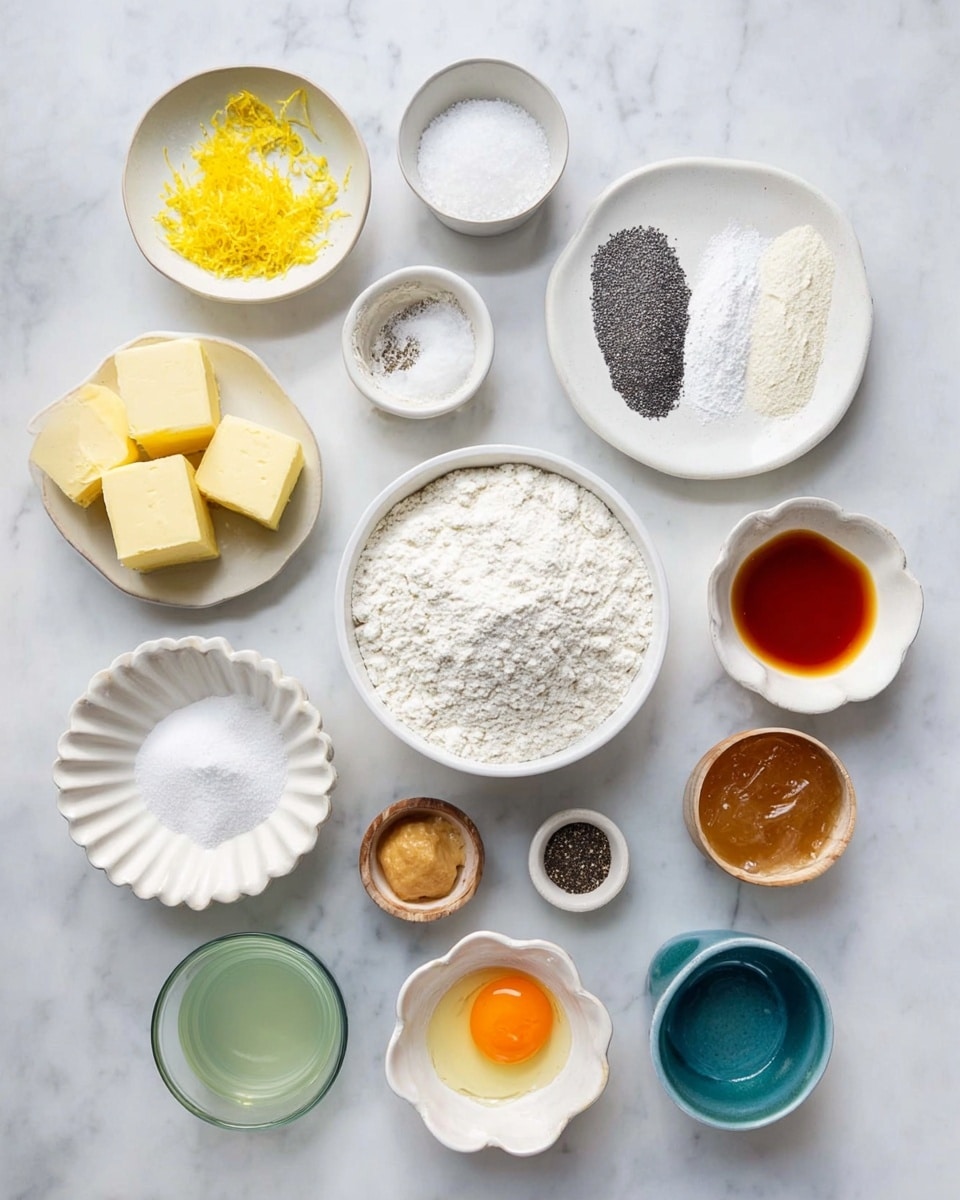 A close-up image shows a lemon poppy seed muffin with one half missing, revealing its soft, spongy inside filled with tiny black poppy seeds evenly spread throughout a light golden brown crumb. The muffin top has a smooth white icing layer with small black poppy seeds sprinkled on it. Surrounding the muffin are more full muffins with the same icing and poppy seed topping, lemon slices with bright yellow peel and pale yellow flesh placed flat on a white marbled surface. Part of a clear glass is visible on the left side, reflecting light. The overall scene is bright and fresh. photo taken with an iphone --ar 4:5 --v 7