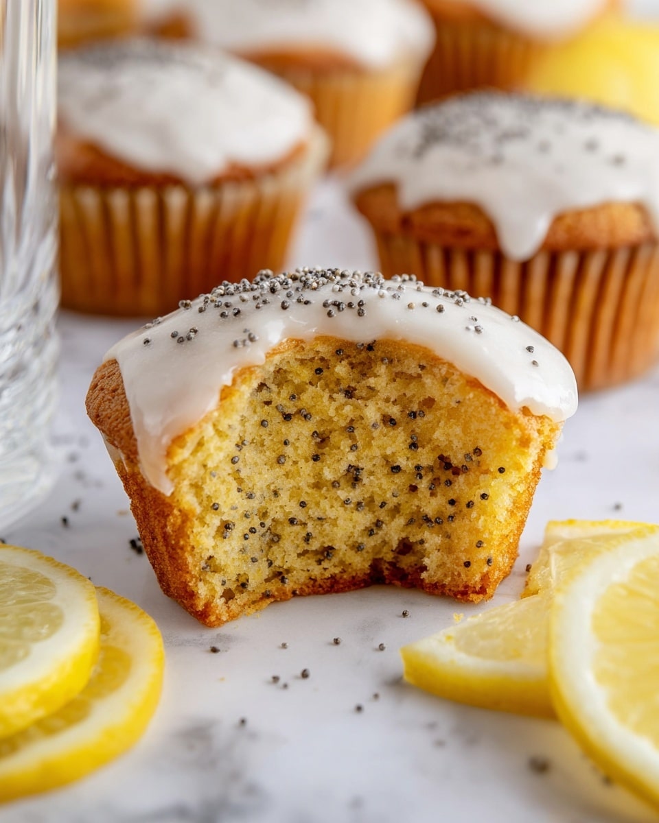 A close-up view of a golden brown muffin with visible small dark seeds inside, topped with a smooth white glaze that drips down the sides, sprinkled with small black seeds on top; the muffin is wrapped in a light gray paper liner and placed on a white marbled surface. In the background are more muffins with the same glaze and seeds, partially blurred, and three slices of bright yellow lemon stacked together. On the right bottom corner, there are two lemon wedges with shiny, juicy texture. Photo taken with an iphone --ar 4:5 --v 7