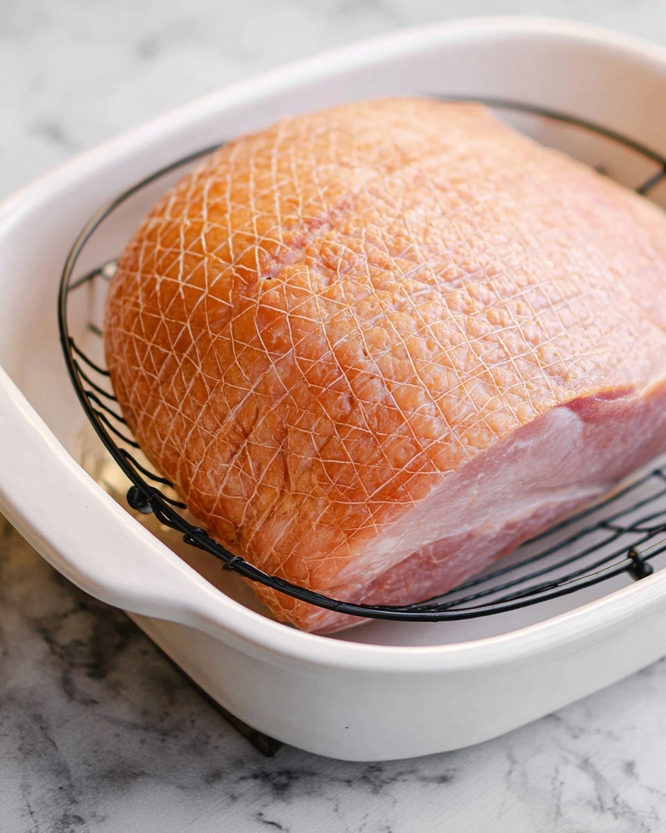 A single large raw ham with a light pink and pale orange textured surface that shows a faint grid pattern rests inside a white ceramic baking dish. The ham sits on a black metal roasting rack that holds it slightly above the bottom of the dish. The dish is placed on a white marbled textured surface, visible at the edges. The image focuses closely on the ham's detailed skin texture and the simple cooking setup. photo taken with an iphone --ar 4:5 --v 7