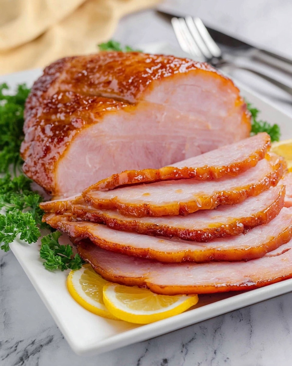 A white rectangular plate holds a glazed cooked ham with a shiny brown crust on top. The ham is sliced into six even pieces, each showing a pink inside with a caramelized edge. Slices of bright yellow lemon and green parsley leaves are placed around the ham for decoration. A wooden-handled fork lies on the upper side of the plate. The plate is set on a white marbled surface with a folded yellow cloth nearby. Photo taken with an iphone --ar 4:5 --v 7