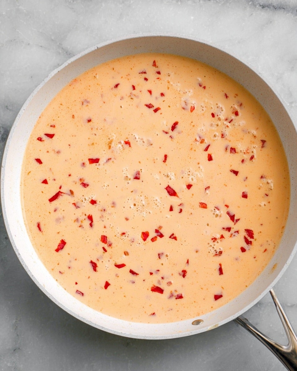 A close-up of a pan filled with creamy sauce and shrimp, each shrimp pink with tails on, scattered evenly throughout the sauce. The sauce is light yellow with small green herbs and chopped green onions, along with little red pieces of bell pepper or tomato mixed in. Below the pan is a white bowl filled with fluffy white rice. The scene is set on a white marbled surface with scattered green herbs, a whole green lime to the left, a red bell pepper's edge visible to the right, and a wooden spoon resting near the top edge of the image. Photo taken with an iphone --ar 4:5 --v 7