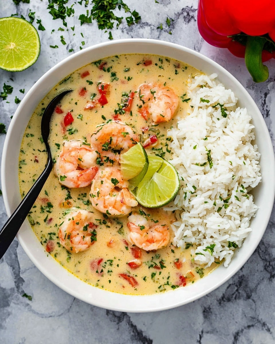 A white bowl filled with creamy shrimp stew and white rice on the right side. The stew layer is light yellow with small pieces of red and green vegetables, sprinkled with chopped green herbs. On top of the stew are several pink shrimp with curled tails. A bright green lime wedge rests between the shrimp and rice. Two black spoons are placed inside the bowl on the left side, slightly overlapping the stew. The bowl sits on a white marbled surface with scattered chopped green herbs and a whole red bell pepper and lime visible at the edges. Photo taken with an iphone --ar 4:5 --v 7