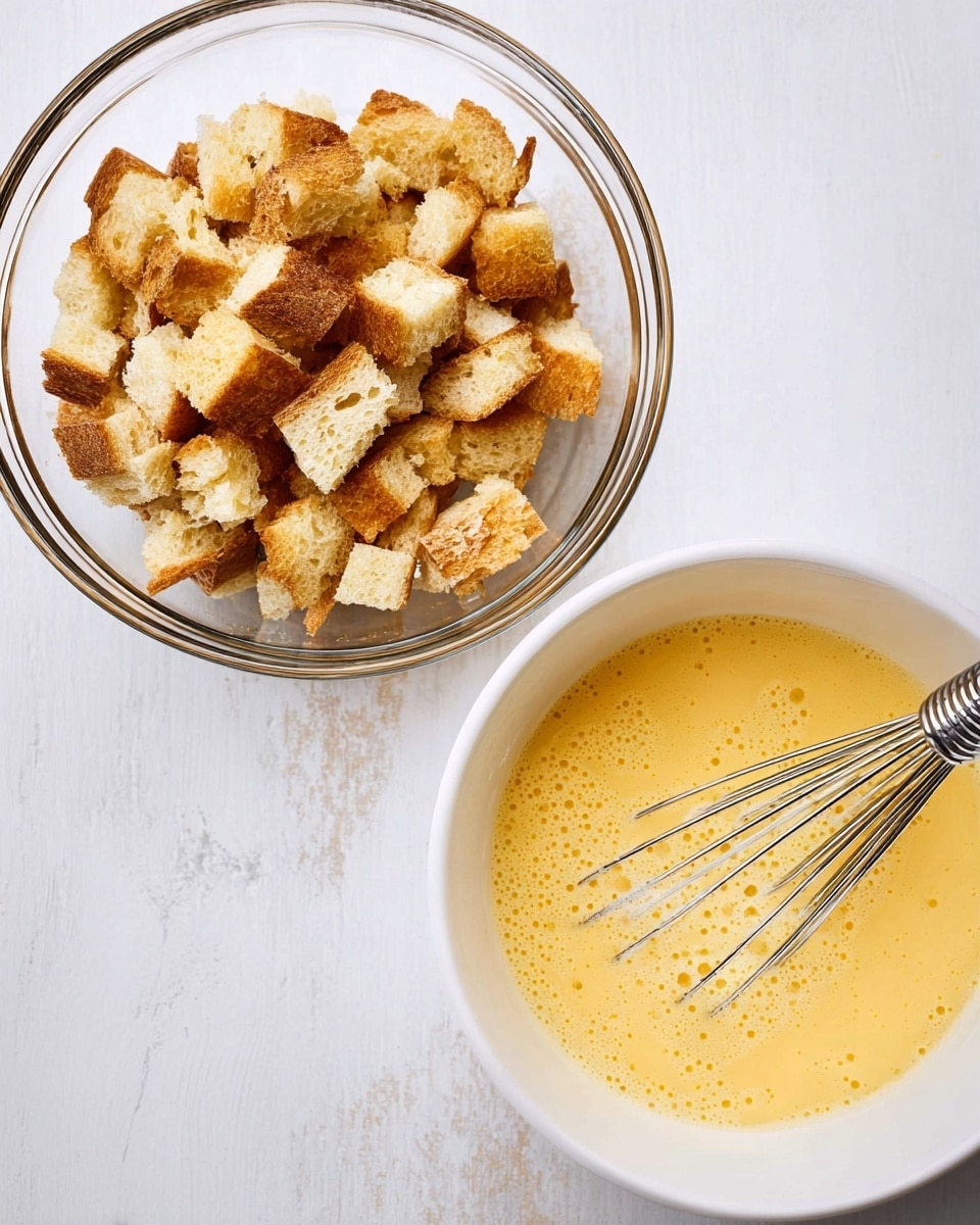 The image shows two bowls on a white marbled surface. The bowl on the left is clear glass and filled with golden-brown cubed bread pieces that have a slightly toasted texture. The bowl on the right is white and contains a light yellow liquid mixture that looks frothy, with a metal whisk partially submerged in it. The mix has a smooth texture with bubbles on the surface. Photo taken with an iphone --ar 4:5 --v 7