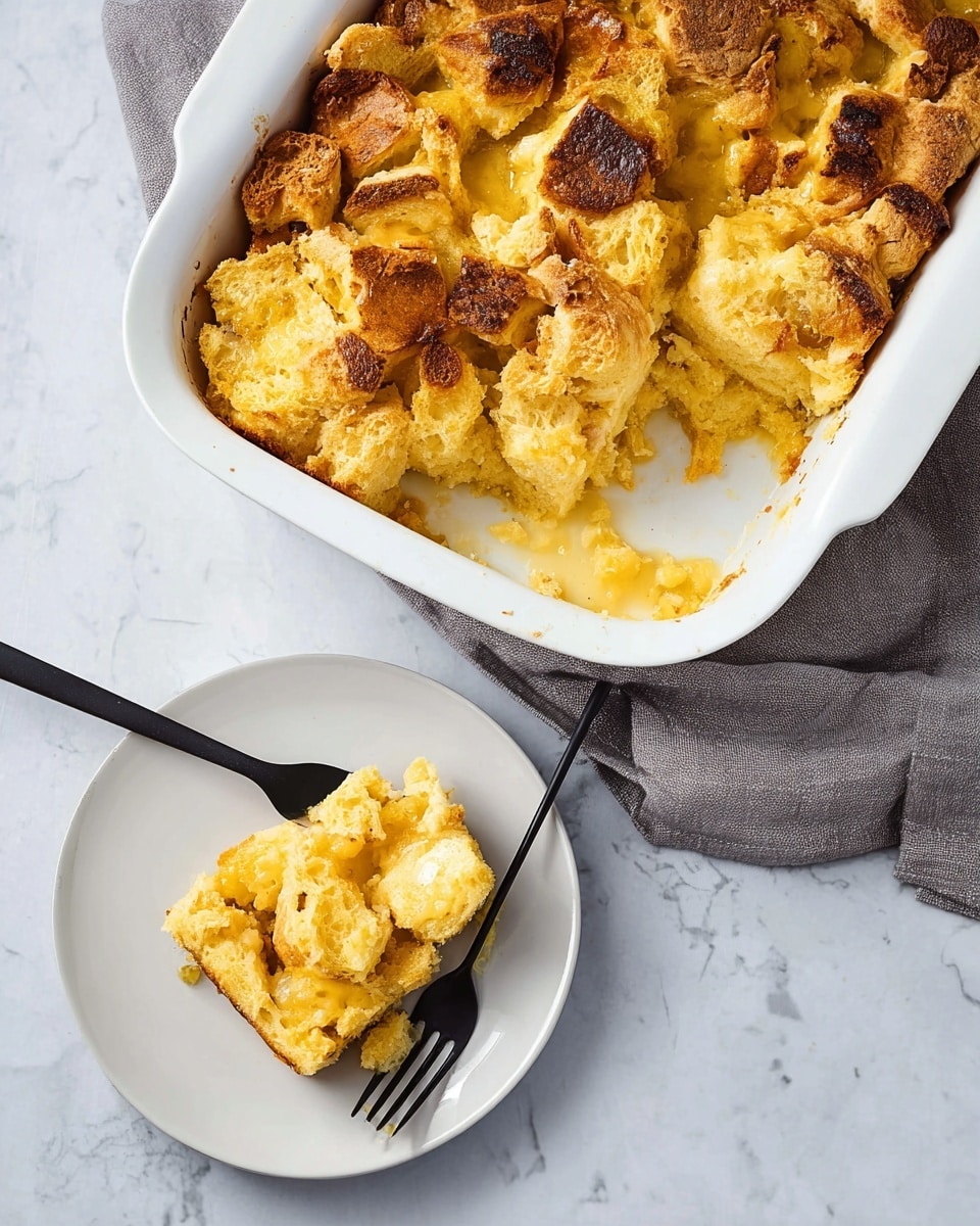 A white rectangular baking dish is filled with a textured bread pudding, showing about three layers: the top layer is golden brown with toasted bread chunks that have a crisp surface; beneath that, a thick yellow creamy layer is visible, likely made of custard soaking the bread; scattered inside the pudding are small pieces of pale yellow pineapple adding varied texture and color throughout. The dish rests on a white marbled surface. Photo taken with an iphone --ar 4:5 --v 7