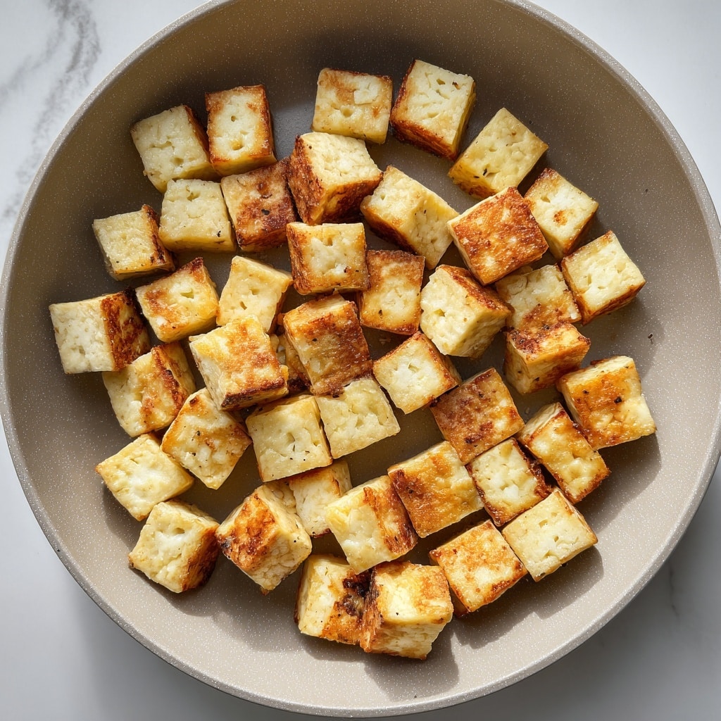 Small golden-brown cubes of tofu are spread evenly inside a round, light gray pan. Each tofu cube has a lightly crispy texture on the outside with soft edges, showing shades of light yellow and brown. The cubes are scattered without overlapping, and a black circle with a white number