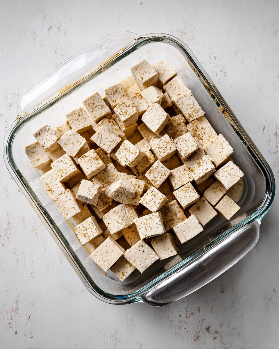 A clear glass baking dish filled with evenly arranged cubes of tofu, each cube light beige with a slightly speckled texture from seasoning, sitting on a white marbled surface. The tofu pieces are spread out in a single layer, showing their smooth and firm texture. The dish has two clear handles on the sides. photo taken with an iphone --ar 4:5 --v 7